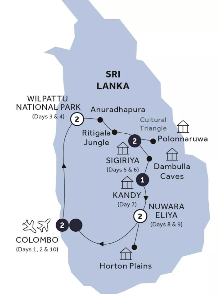 Map of Sri Lanka indicating all stops along the itinerary 