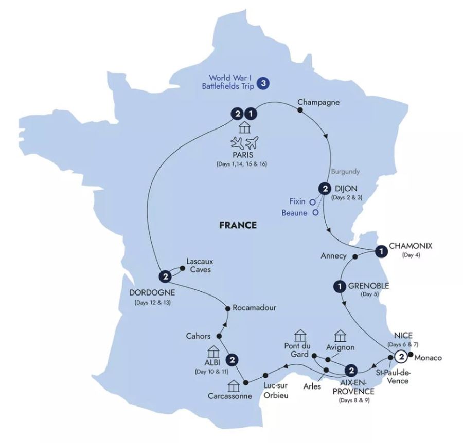 Map of France indicating all stops along this itinerary 