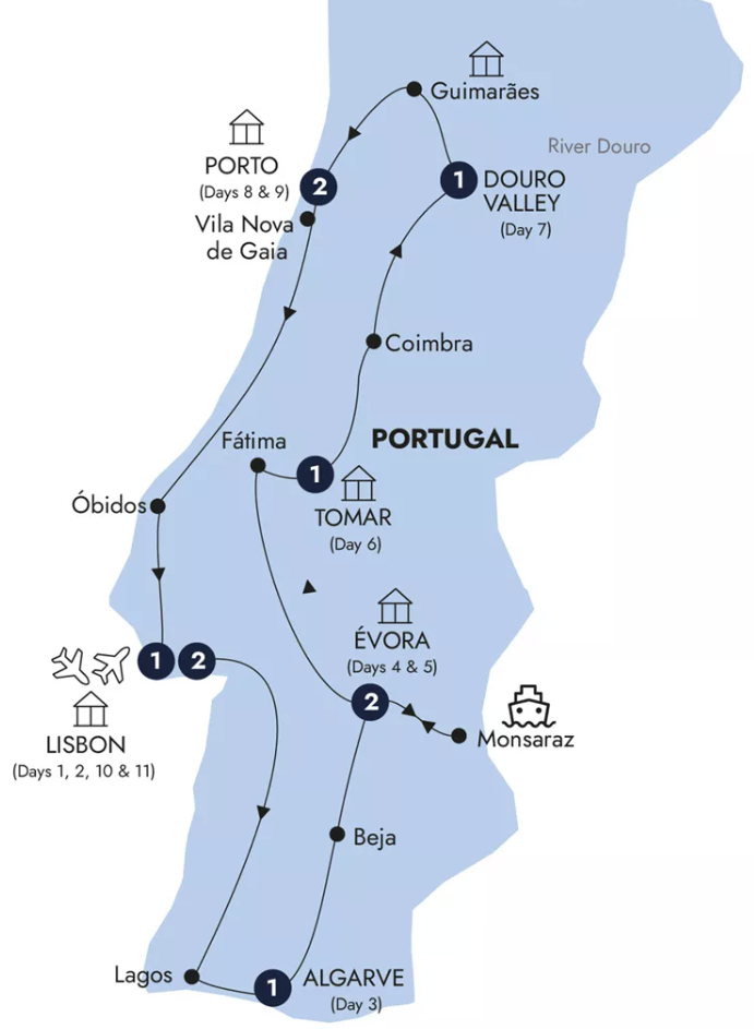 Map of Portugal indicating all stops along this itinerary  