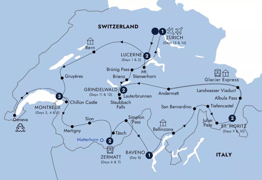 Map of Switzerland indicating all stops along this itinerary 