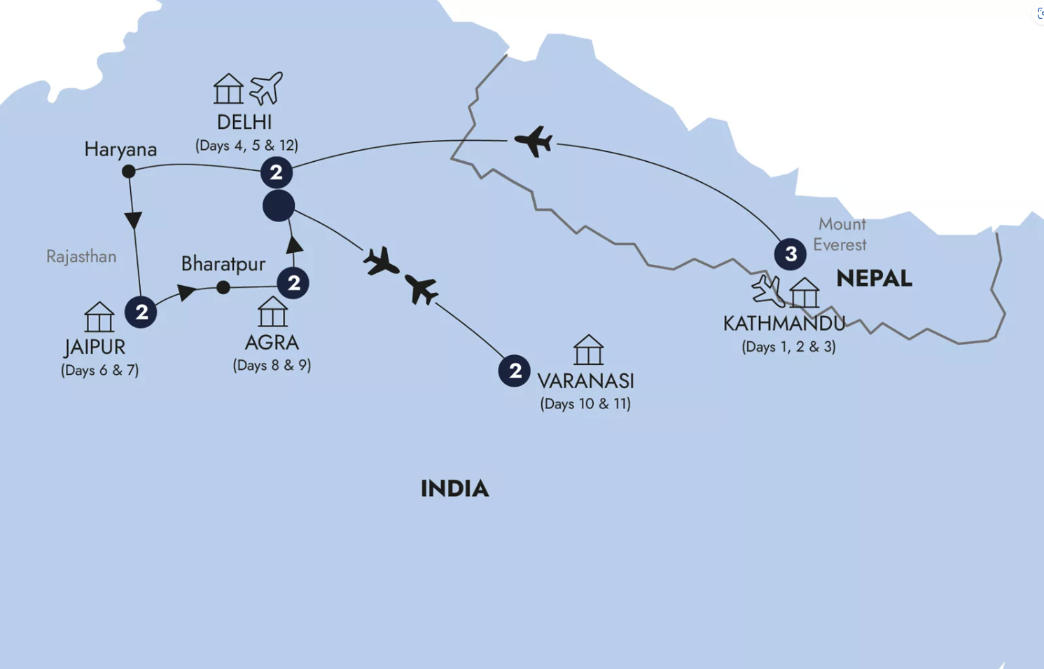 Map of India and Nepal indicating all stops along this itinerary 