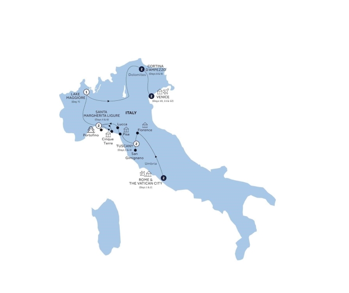 Map of Italy indicating all stops along the itinerary 