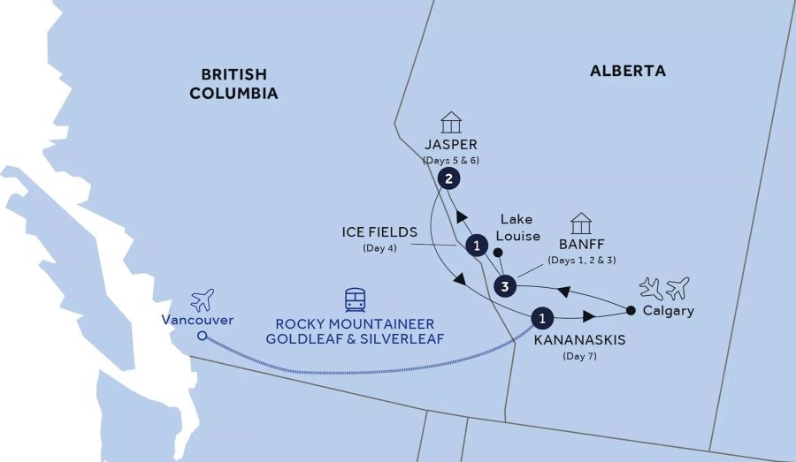 Map of British Columbia and Alberta indicating all stops along this itinerary  