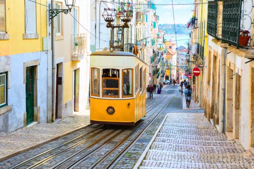 Street view with famous retro tourist tram in the old town of Porto