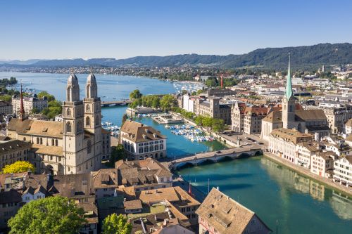 Zurich old town by the Limmat river on a sunny summer day in Switzerland
