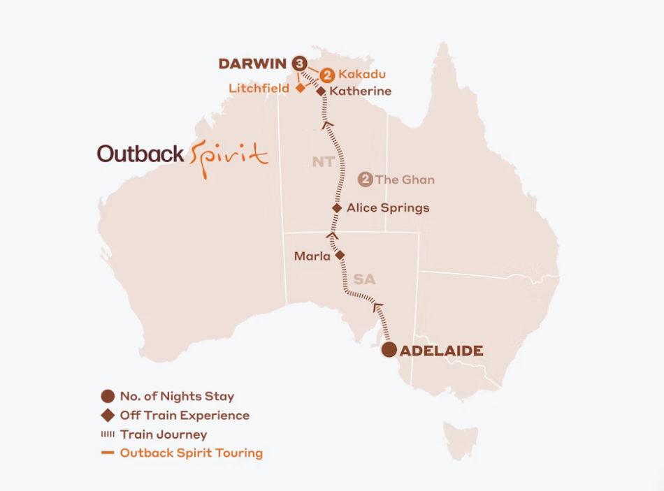 Map of Australia indicating all stops along the itinerary