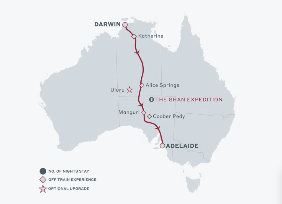 Map of Australia indicating all stops along the itinerary