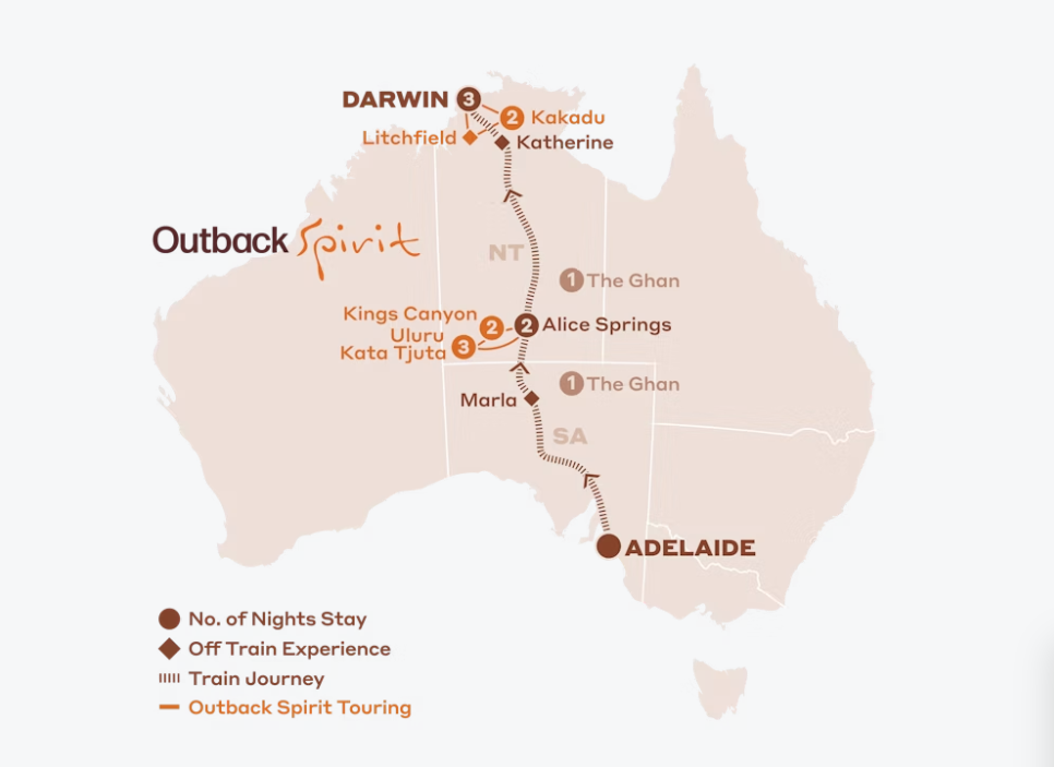 Map of Australia indicating all stops along the itinerary