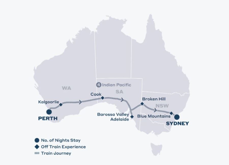 Map of Australia indicating all stops along this train journey