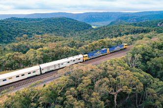 Indian Pacific heading through the Blue Mountains the Megalong Valley Hartley and Mount York in the background