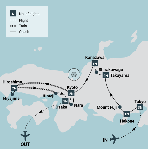 Map of Japan indicating all stops and number of nights spent in each location on this itinerary