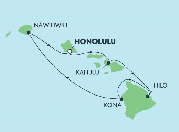 Map of Hawaii indicating all stops along the cruise itinerary 