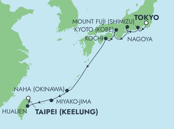 Map of Japan and Taiwan indicating the route and all stops along this cruise itinerary 