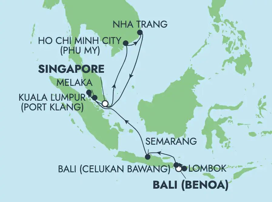 Map of Southeast Asia indicating all stops along this itinerary  