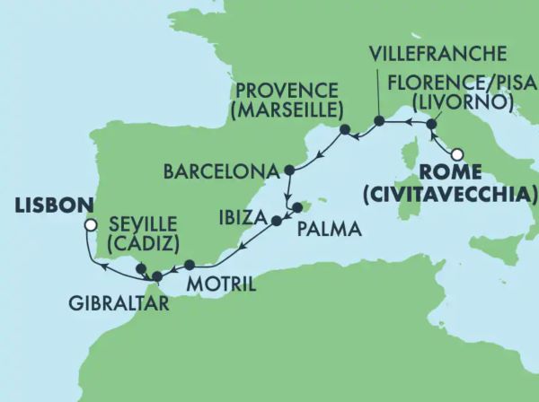 Map of the Mediterranean indicating all stops along this cruise itinerary 