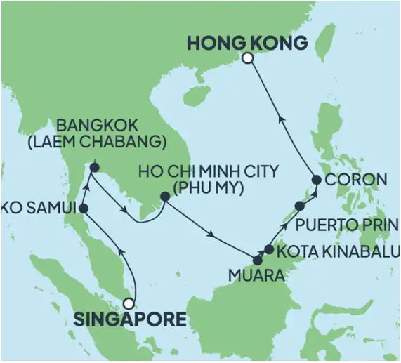 Map of Asia showing stops along the way of a cruise itinerary