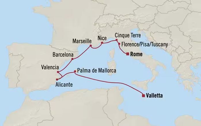 A map of Europe showing stops on a cruise itinerary 