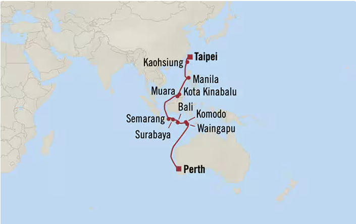 Map of Australia and Asia indicating all stops along the itinerary 