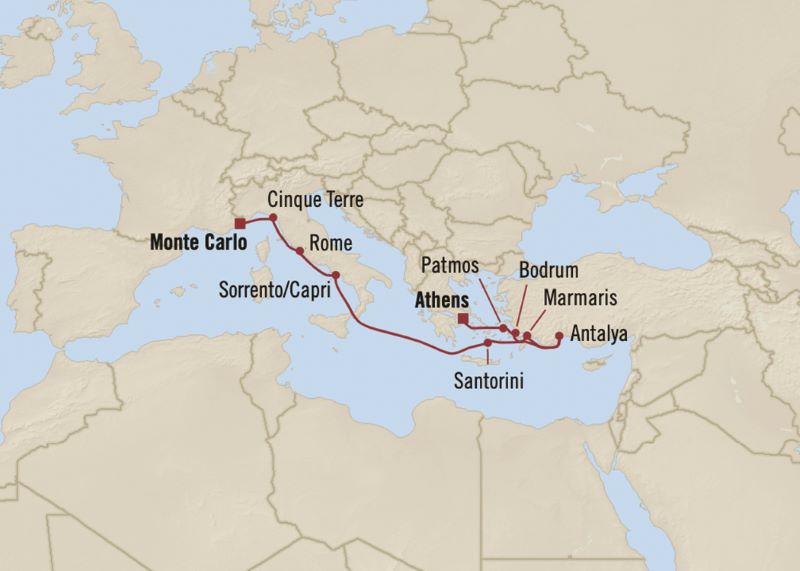Map of the Mediterranean indicating all stops along this itinerary 