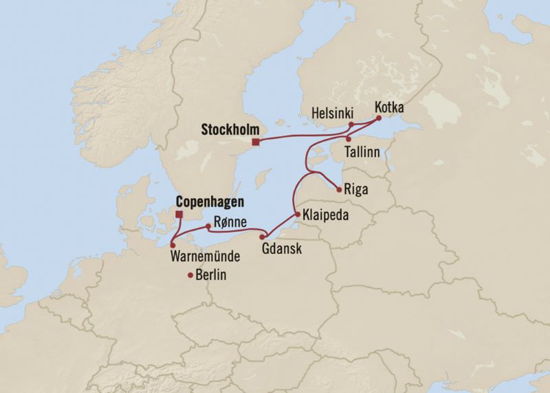 Map of the Baltic region indicating all stops along this itinerary