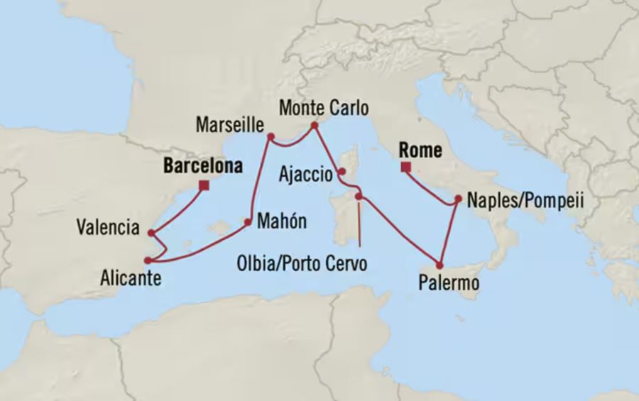 Map of the Mediterranean indicating all stops along this itinerary 