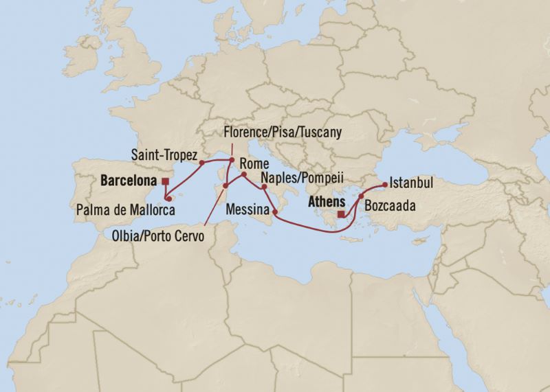 Map of Europe indicating all stops along this cruise itinerary 