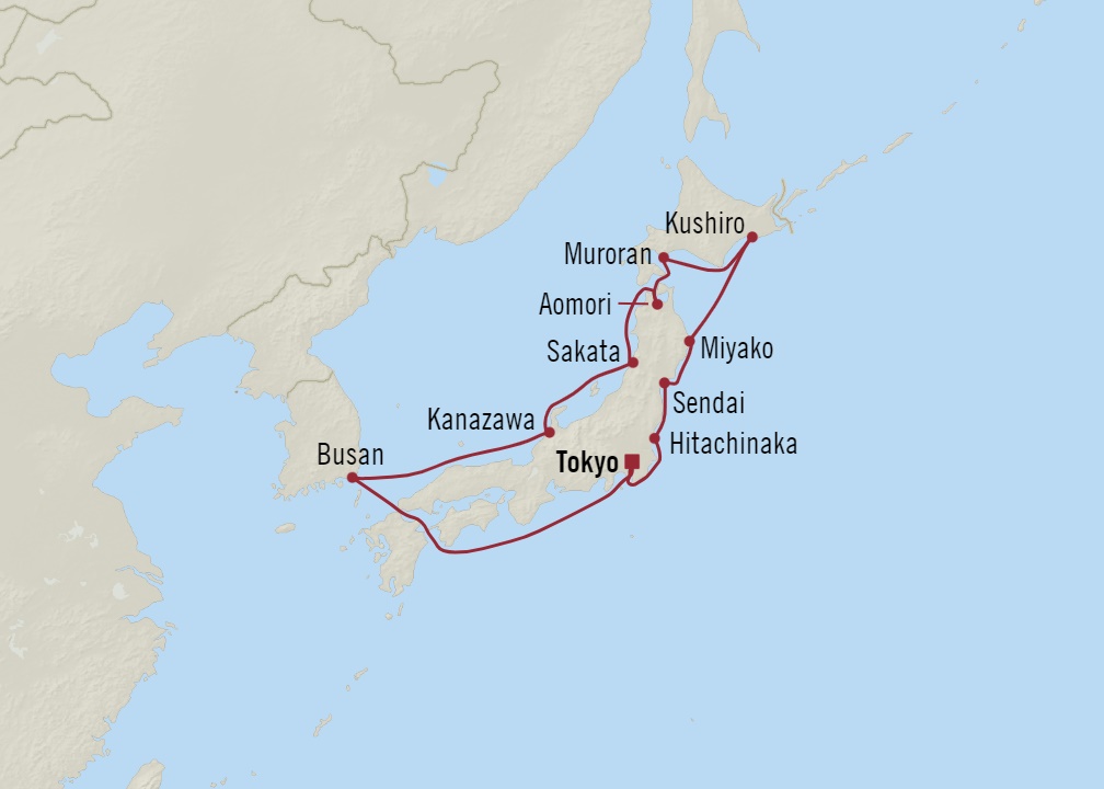 Map of Japan indicating all stops along the itinerary 