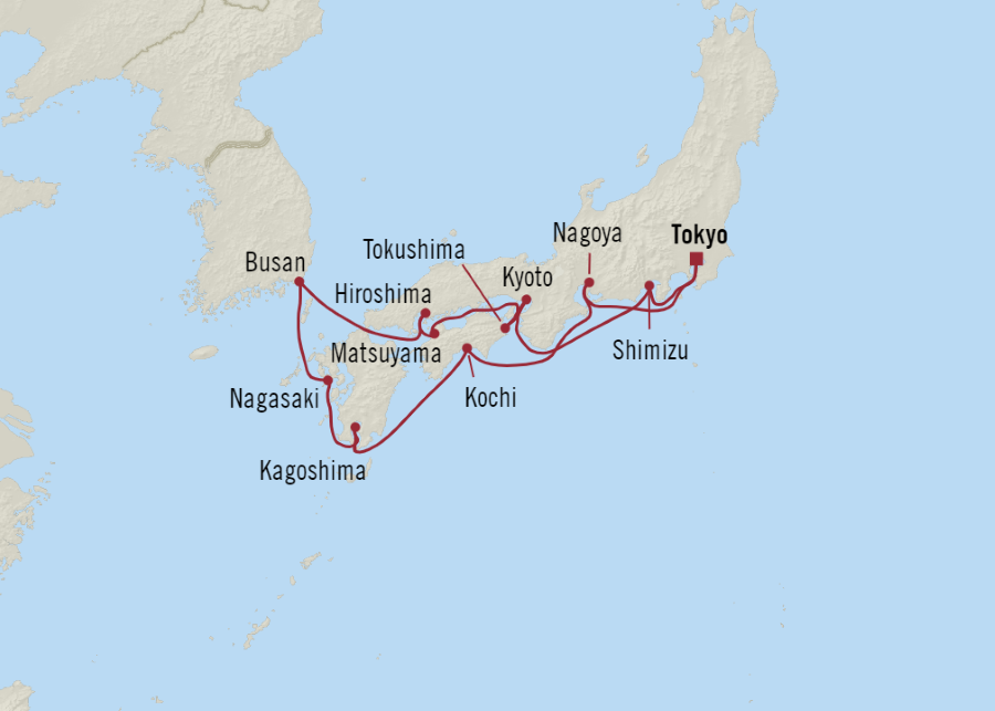 Map of Japan indicating all stops along this itinerary 