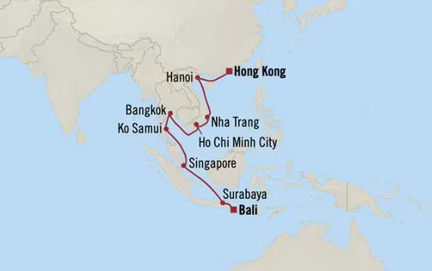 Map of Southeast Asia indicating all stops along this itinerary 