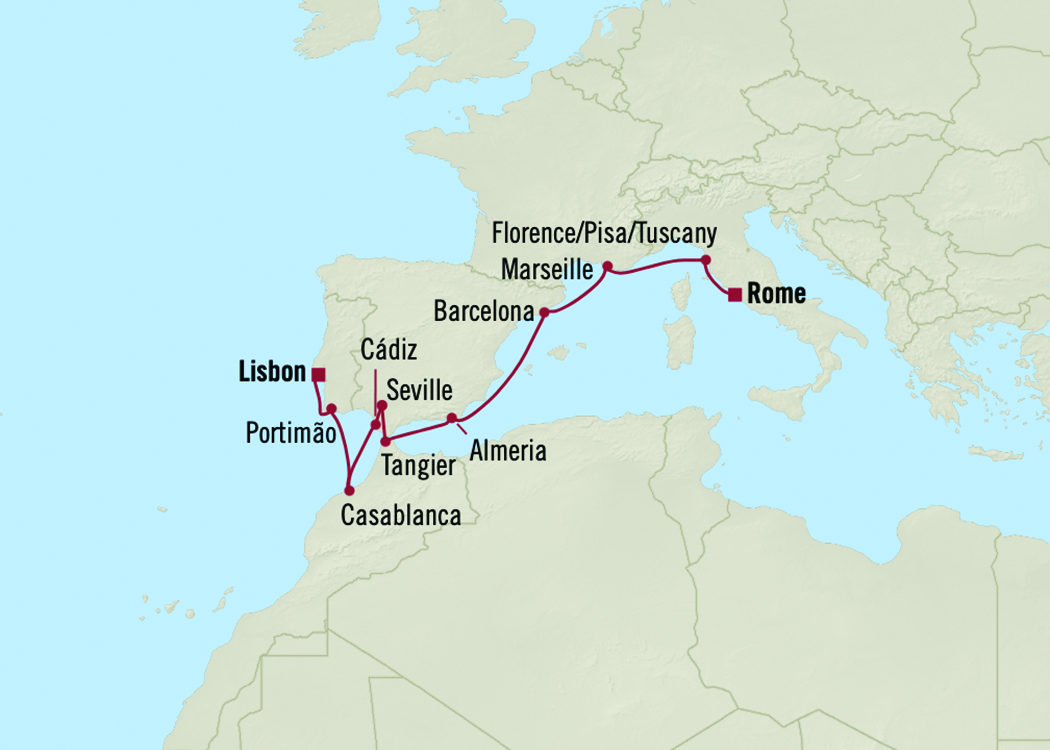 Map of Spain, Italy and Northern Africa indicating stops along the way for a Cruise 