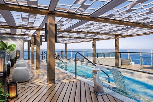 The outdoor spa aboard an Oceania vessel with a small pool, hot tubs and a seating area all kept in a contemporary style and modern architecture