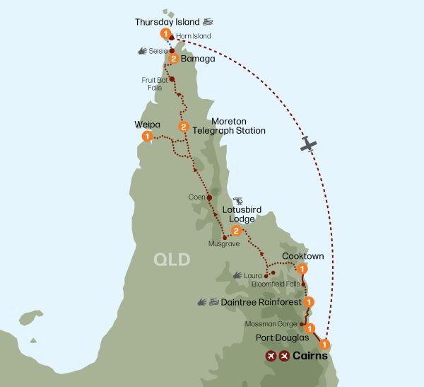 Map of Queensland indicating all stops along this itinerary