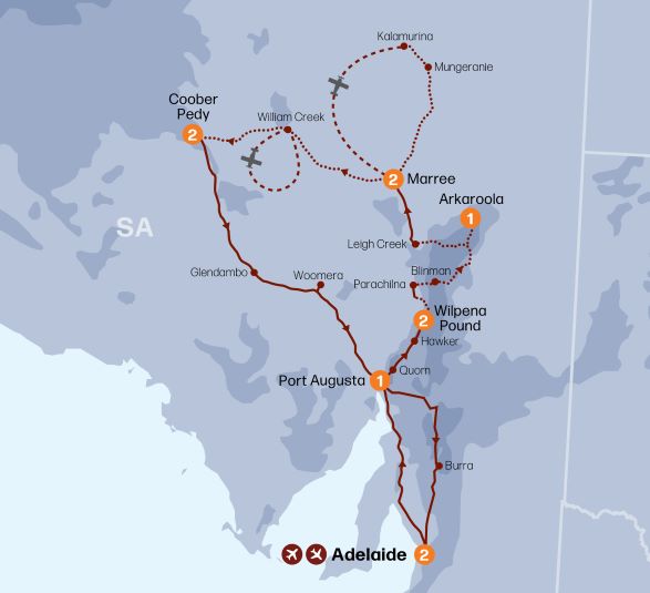 Map of South Australia indicating all stops along this itinerary