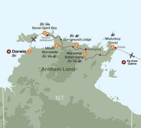 Map of Arnhem Land in the Northern Territory indicating all stops along this itinerary 