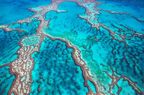 An aerial view of the reefs along the Great Barrier Reef