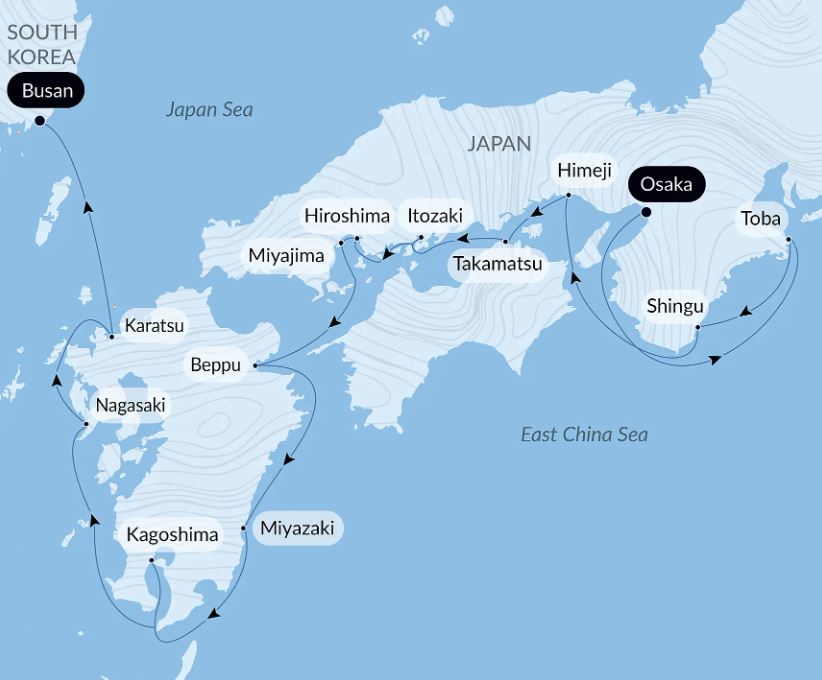 A map of Japan showing stops on a cruise itinerary