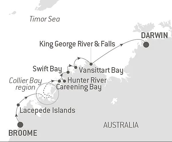 An itinerary of Northern australia showing stops of a cruise itinerary