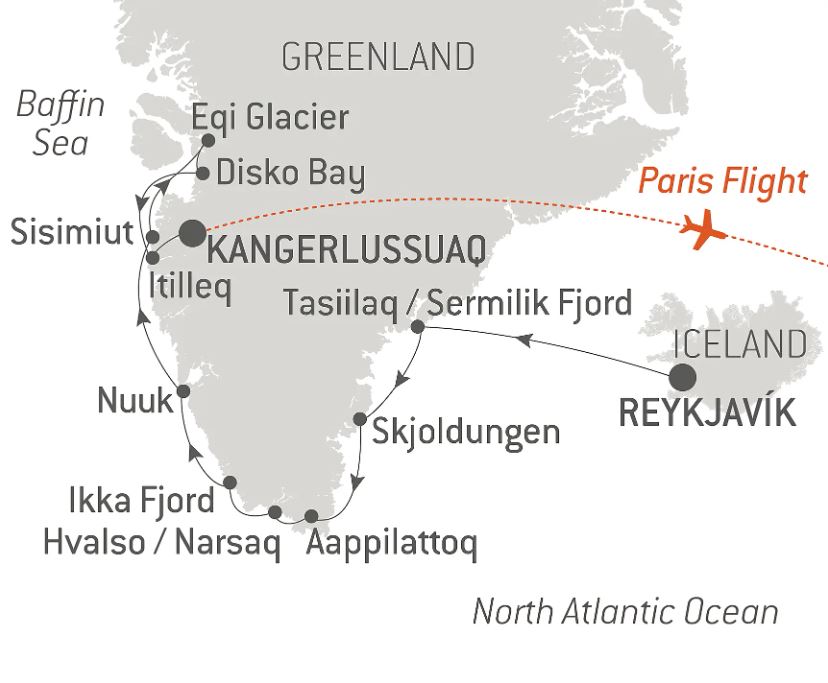 A map of Greenland showing stops on a cruise itnerary