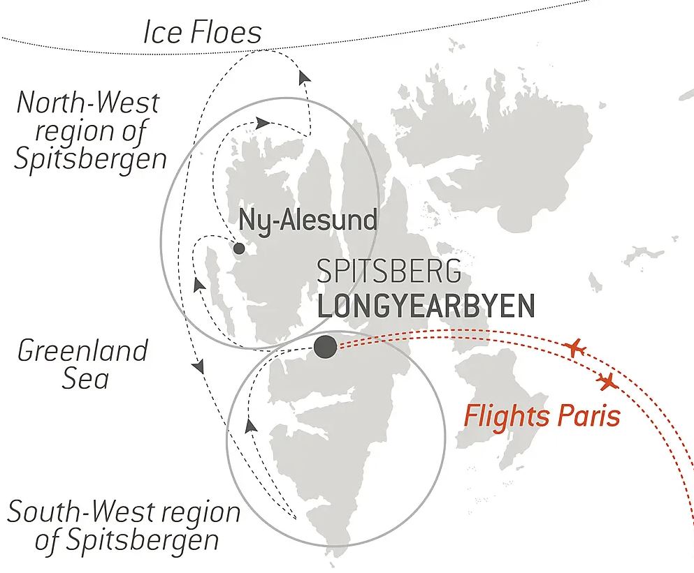A map of Spitsbergen showing stops of a cruise itinerary