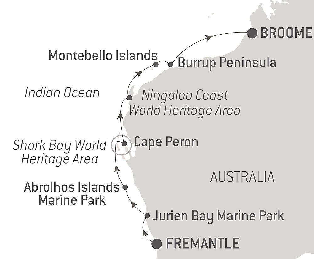 A map of Western Australia showing itinerary stops for a cruise 