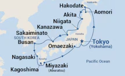 Map of Japan indicating stops along the way of a cruise 