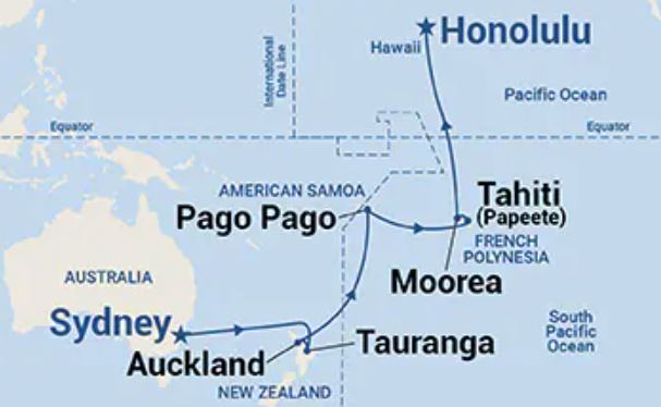 Map of the South Pacific indicating the route and all stops of this cruise 