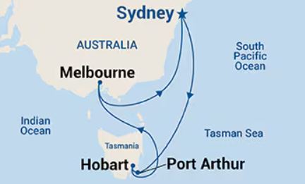 Map of New South Wales, Victoria and Tasmania showing stops on a cruise itinerary 