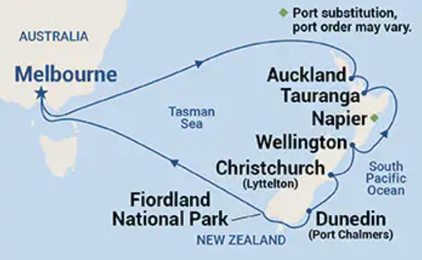 Map of New Zealand indicating all stops along this cruise itinerary 