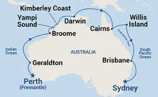 Map of Australia indicating the route and all stops of this itinerary