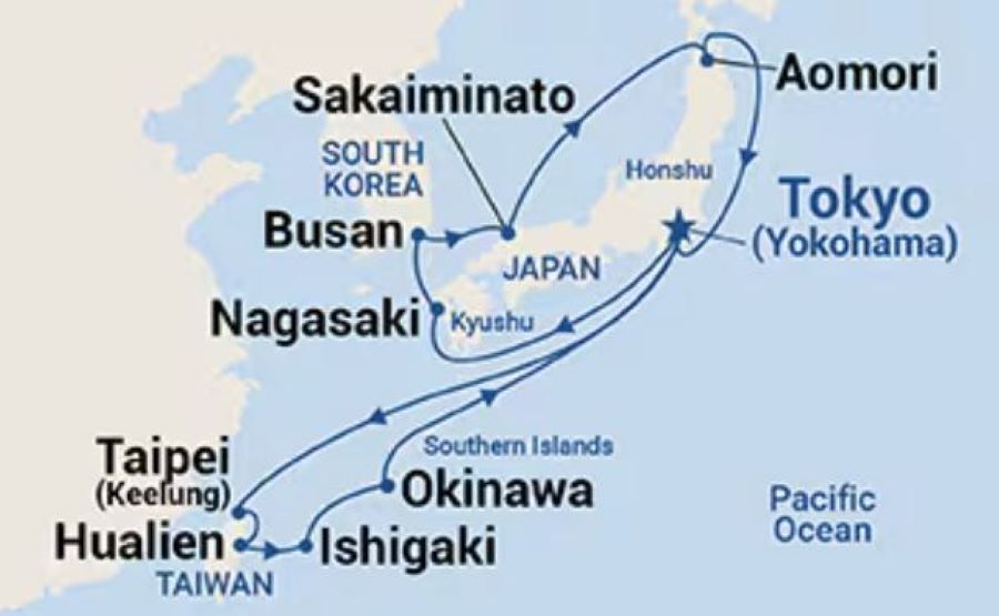 Map of Japan indicating all stops of the itinerary 