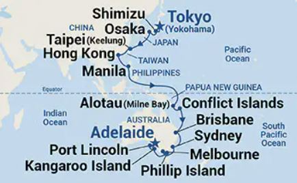 Map of this 29 day itinerary from Tokyo to Adelaide showing all stops along the journey