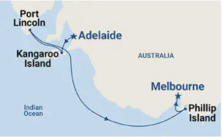 A map of South Australia indicating the route and stops of this itinerary