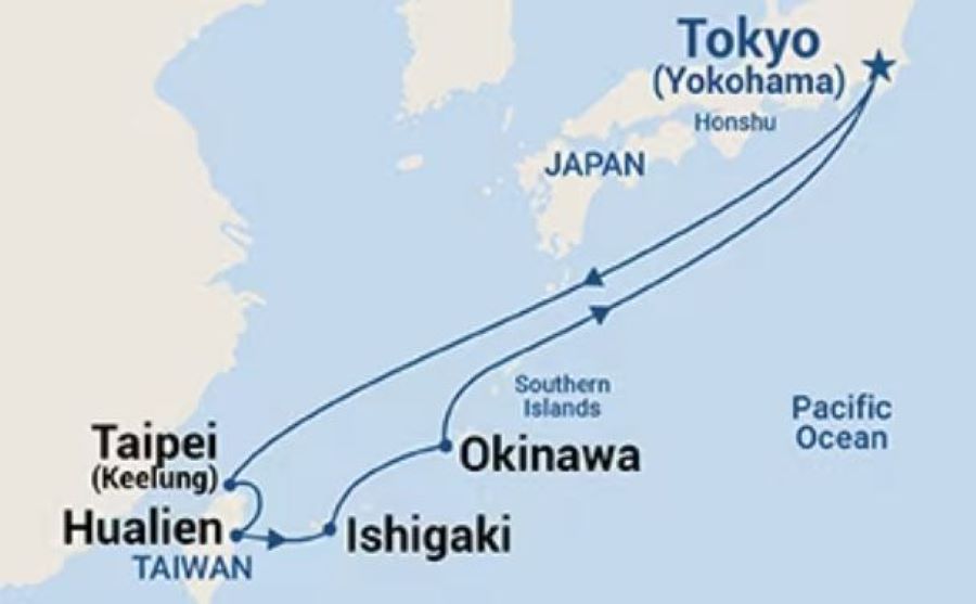 Map of Japan and Southern Islands indicating all stops along the itinerary 