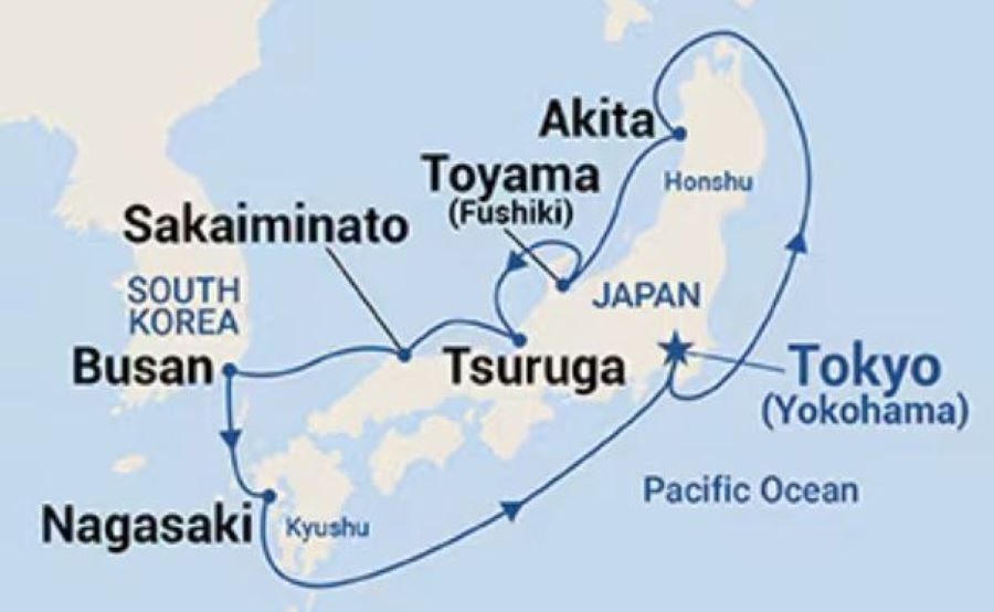 Map of Japan indicating all stops along the itinerary 